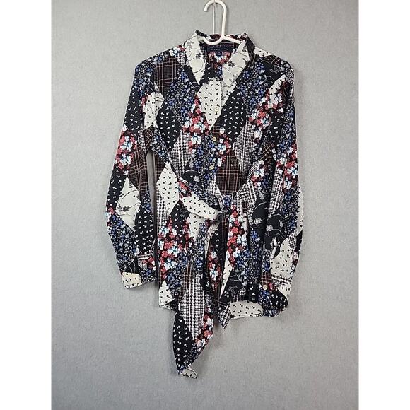 Tommy Hilfiger Colorful Patchwork Floral LS Button Up Tie Blouse Women's Medium - Picture 1 of 12